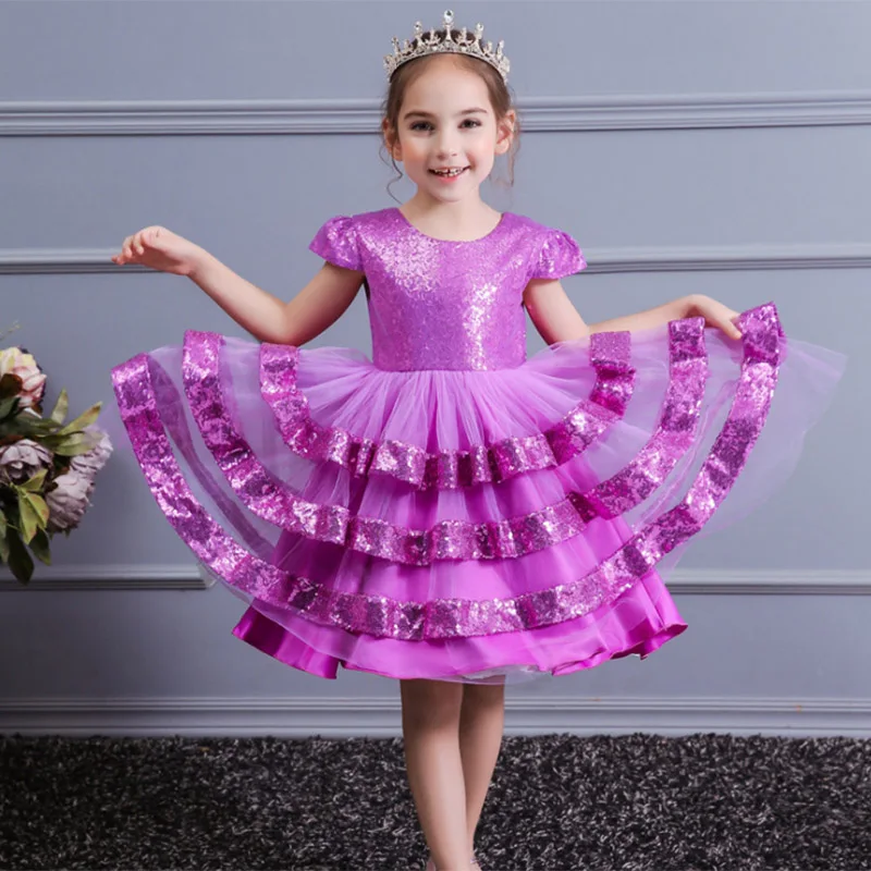 Бальное платье gow для девочек на свадьбу многослойное платье принцессы с блестками и бантом на спине костюм для малышей платья для первого причастия - Цвет: purple
