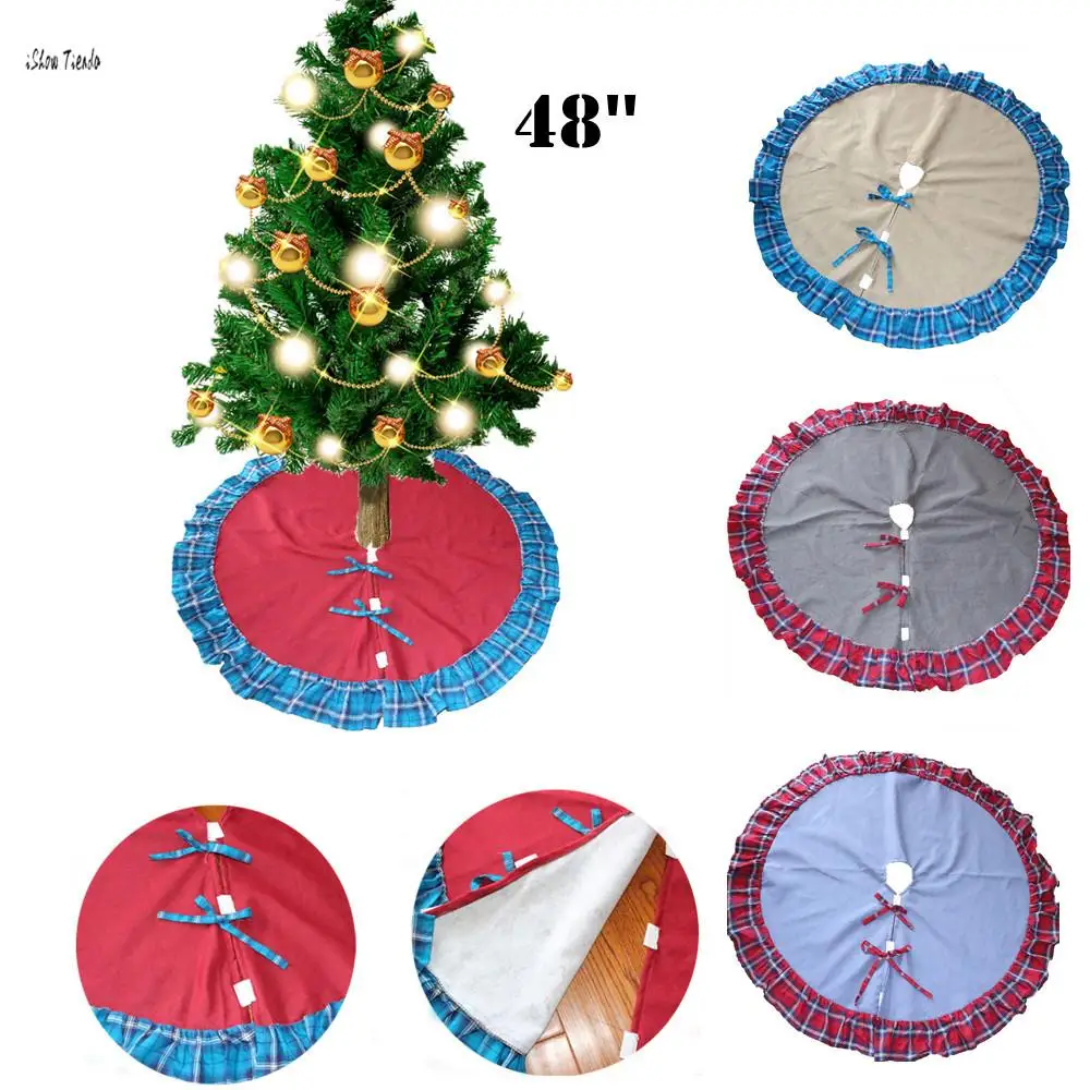 

ISHOWTIENDA Fashion Home Decor Plaid Christmas Tree Skirt Double Folded Edge Imitation Linen Tree Skirt Christmas Decor Mat Tree