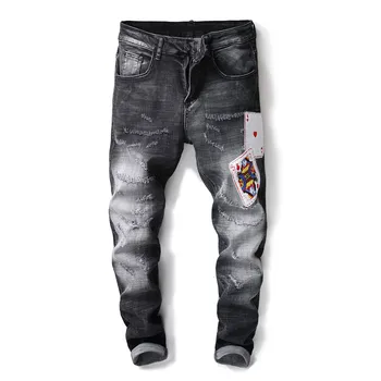 

Men's Casual Ripped Poker Patches Jeans Distressed Hole Washed Embroidered Jeans Stretch Denim Slim Fit men jeans 15019-1#