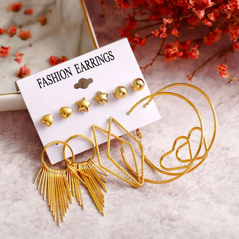 

6 Pairs/Set Earrings Women Inlay Fringe Large Circle Acrylic Stud Earrings Gold Color Circle Stud Earrings Personality Jewelry