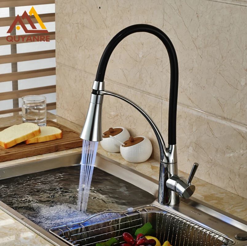 Led Light Chrome and Black Pipe Kitchen Faucet Pull Down Steam Spray
