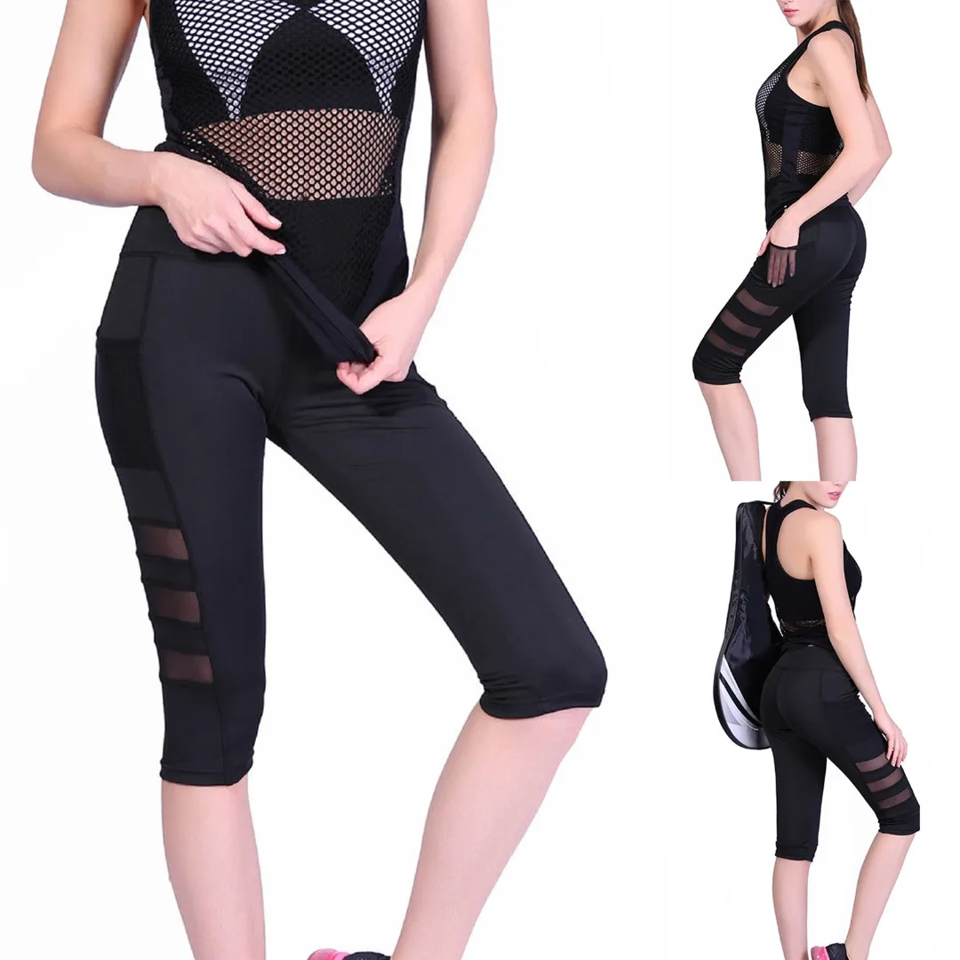 2019 Black Calf-length Fitness Pant Woman Casual Skinny Sport Legging Pants Ladies High Waist Running Gym Pocket Leggings Pants