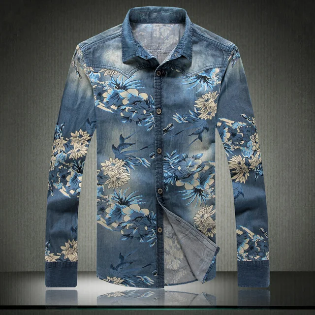 New 2018 Fashion Denim Blue Flower Shirt Long Sleeve For Men in Casual