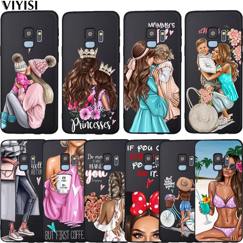 

Princess Black Brown Hair Baby Mom Girl Case Etui For Samsung Galaxy s9 case S6 S7 S8 S10 Lite J3 J5 J7 2017 J4 J6 J8 Plus Coque