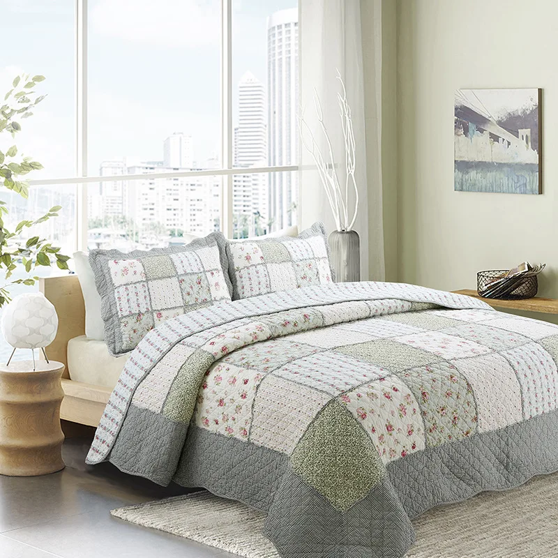 

CHAUSUB Floral Patchwork Bedspread Quilt Set 3pcs Coverlets Korea Cotton Quilts Quilted Bed Cover Sheets Pillowcase King Size