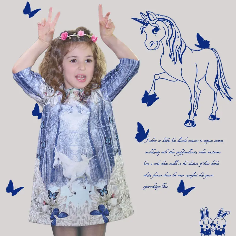 Childdkivy с бабочкой; обувь для девочек с единорогом платье голубого цвета с длинным рукавом Детские повседневные платья для девочек От 3 до 12 лет симпатичная одежда