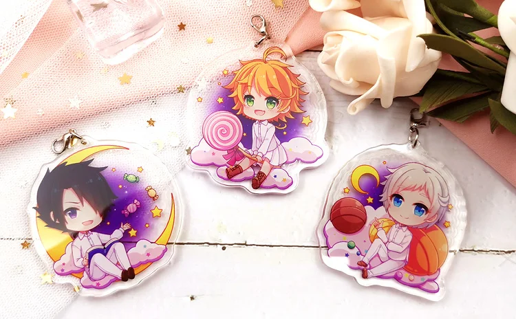 

Japan Anime Yakusoku no The Promised Neverland Emma Norman Ray Cosplay Stand Figure Acrylic Keychain Charm Pendant Keyring Gift