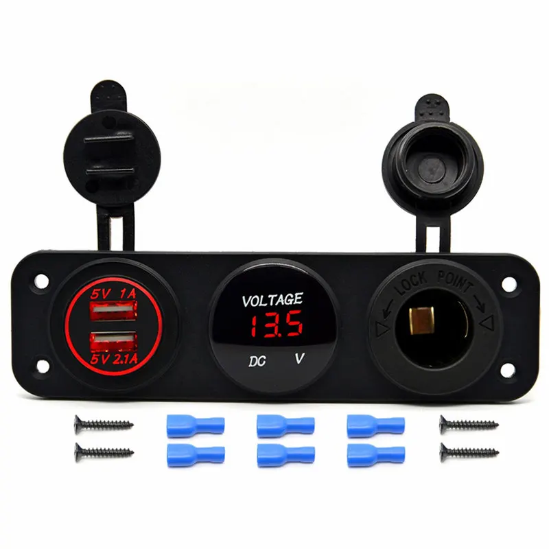 Triple Function Dual USB Charger + LED Digital Voltmeter + 12V Outlet