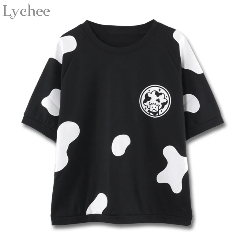 

Lychee Summer Women T Shirt Cow Print Black White Kawaii Cute Casual Short Sleeve T Shirt Tee Top Female