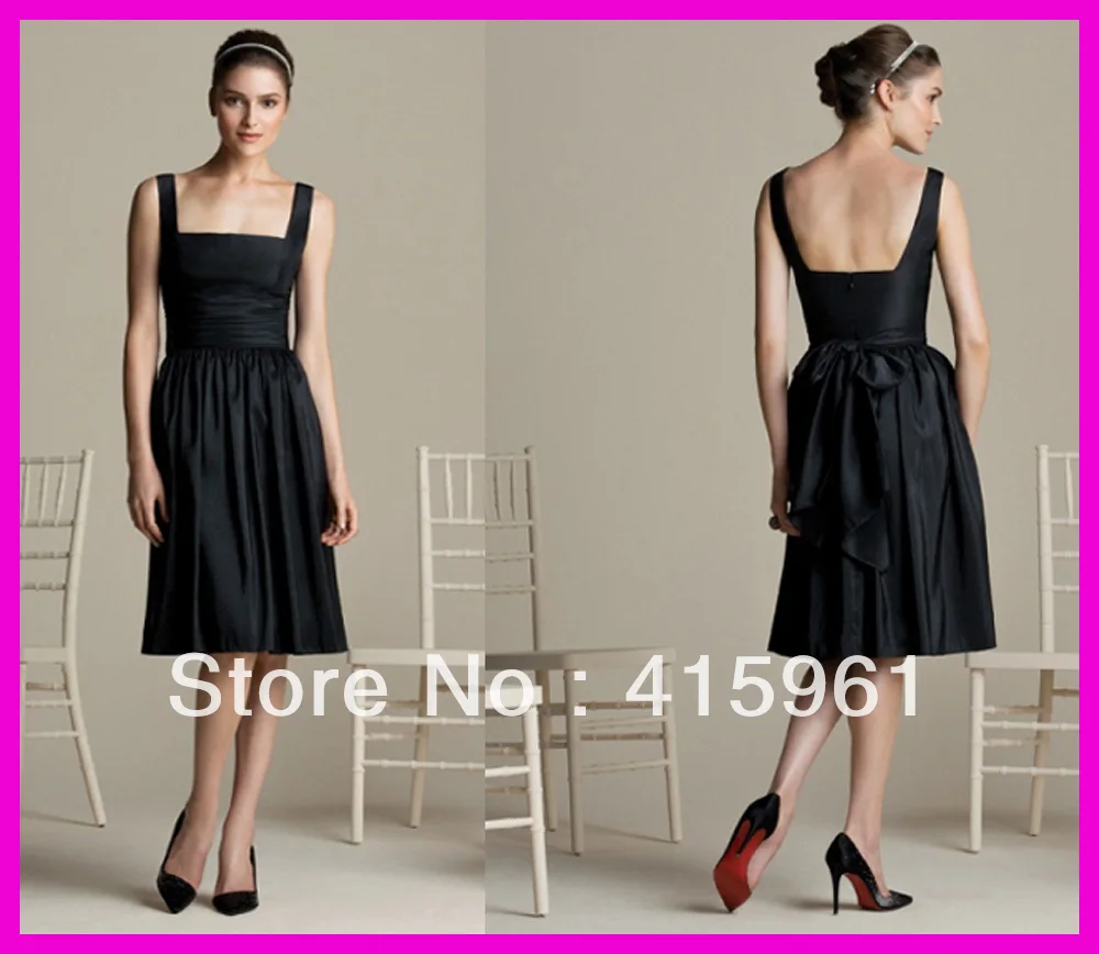 

Free Shipping Black Short Knee Length Bridesmaid Dresses Straps Sash B115