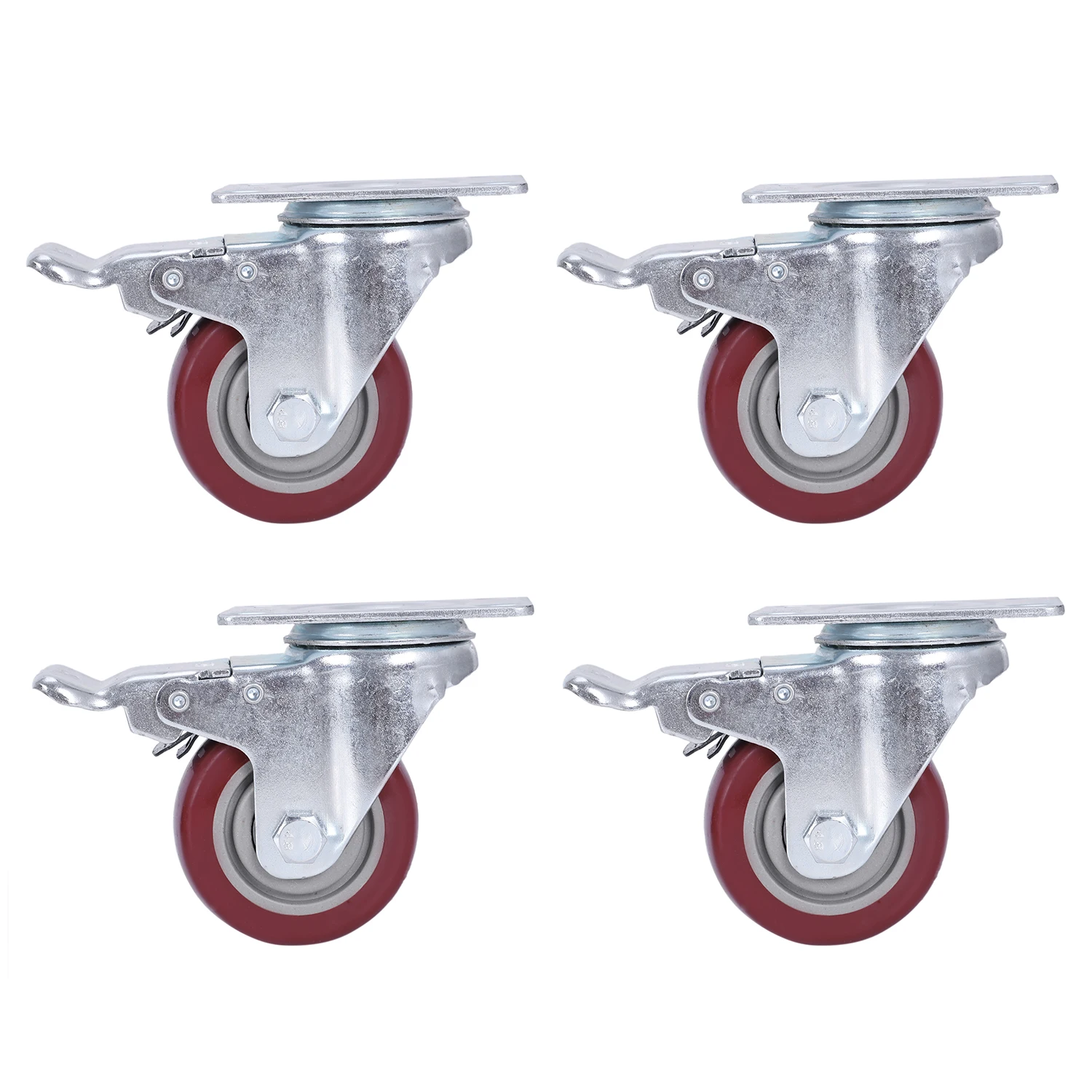 

4 Pack Caster Wheels Swivel Plate with Brake On Red Polyurethane Wheels (3 inch with brake)