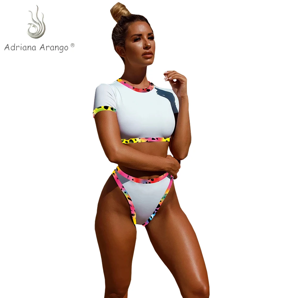 

Adriana Arango 2019 Unique Short Sleeves High Waist Bikini Swimwear Contrast Women Summer Swimsuit Beachwear