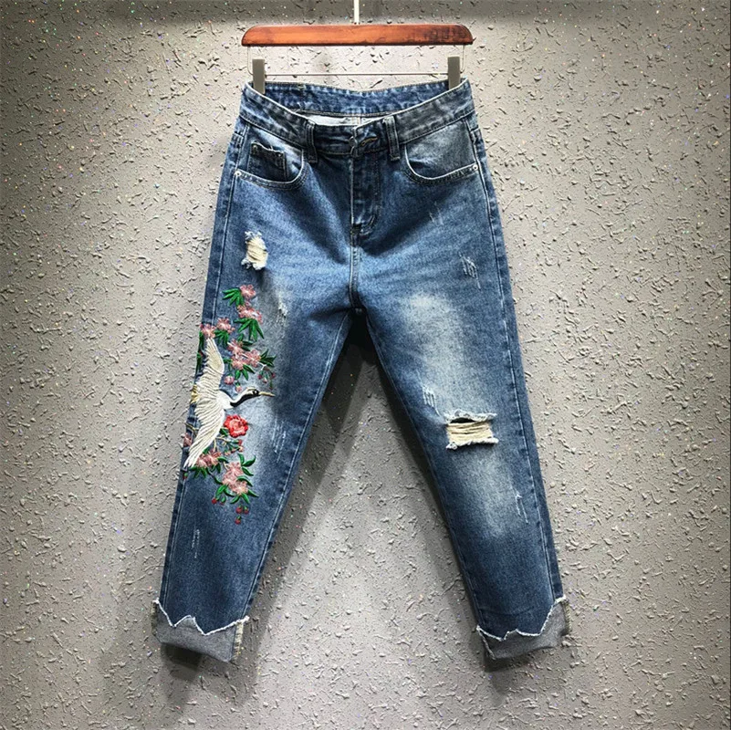 

2018 new high street women clothes lady fashion ankle length embroidery hole blue straight pants jeans