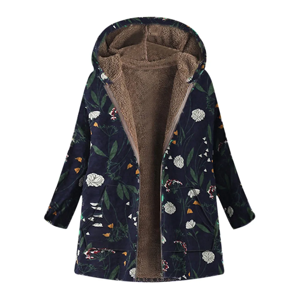 

Plus Size Jacket Women Coat Female Winter Warm Outwear Floral Print Hooded Pockets Vintage Oversize Coats jaqueta feminina A8