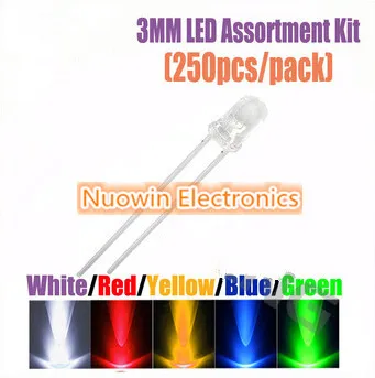 

250pcs 3MM LED Assortment Kit Ultra Bright Water Clear Green Yellow Blue White Red Light Emitting Diode