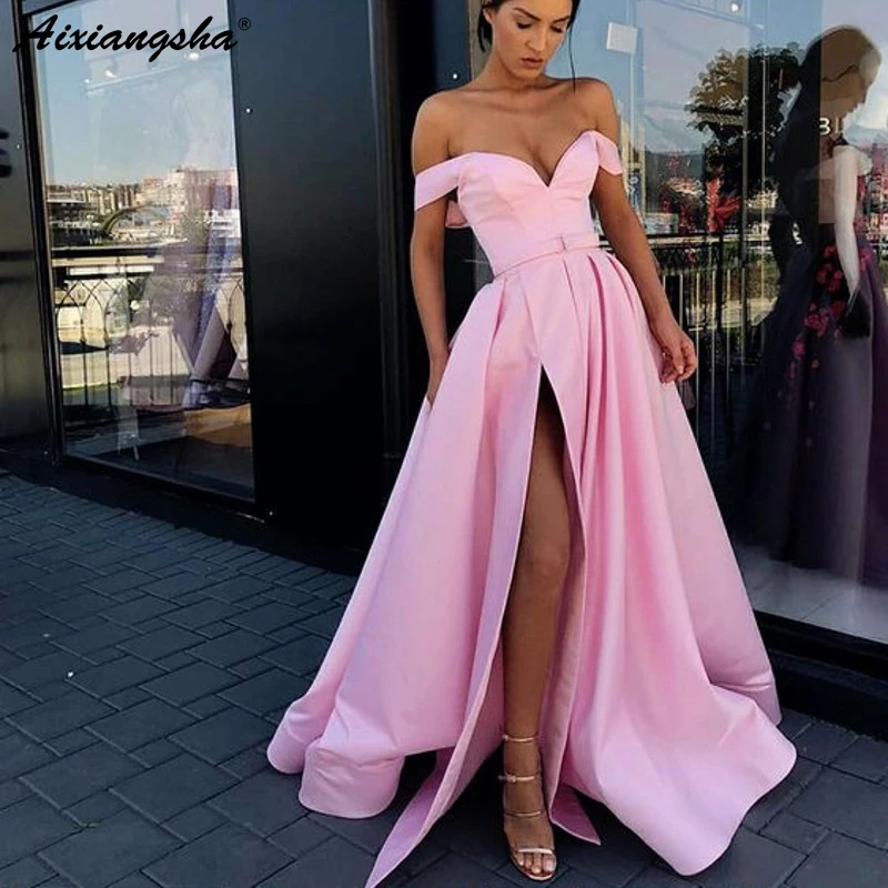 Abendkleider, розовые вечерние платья,, ТРАПЕЦИЕВИДНОЕ, v-образный вырез, с открытыми плечами, с разрезом, сексуальное, атласное, торжественное платье, длинное, элегантное, вечернее платье