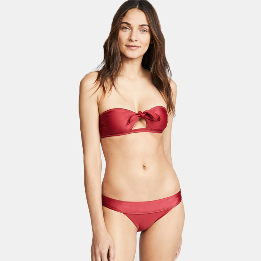 

P&j Iridescent Wine red Sexy Lady Women Bowknot Bikini Set Swimsuit Off shoulder Strapless Bathing Suit Swimwear Beachwear