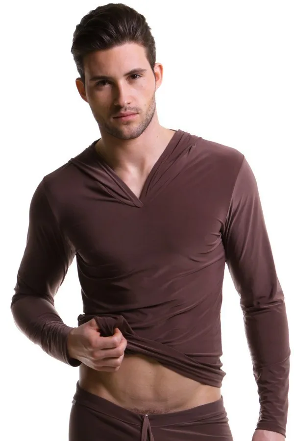 Men sleep tops full sleeve sexy mens sleep suit bathing suits sleepwear coat clothes Casual - Цвет: Коричневый