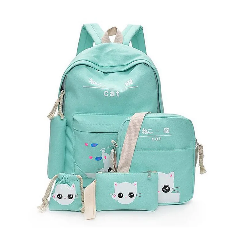 Осмонд 5 шт./компл. Для женщин рюкзаки милый кот Школьные сумки для девочек подростков Печать на холсте рюкзаки для девушек, сумки на плечо от бренда Mochila - Цвет: Green