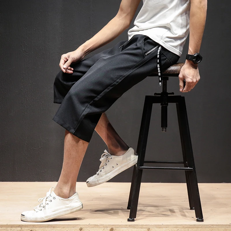 

Chinese Style Calf-Length Pants Linen Men's Pants Elastic Waist Large Size Black Gray Apricot Calf-Length Pants