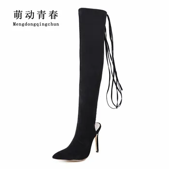 

Fashion Europe Brand Women Boots Women Lace Up Over the Knee Flock Pointed Toe High Heels Boots Hollow Out Autumn Boots Zapatos
