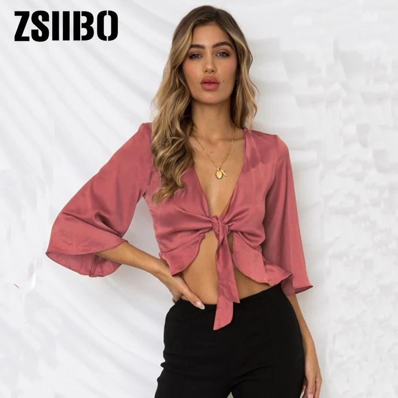 

Boho Sexy Satin Slik Crop Top Women Bow 2019 Summer Sashes V Neck Blouse Three Quarter Sleeve Cropped Plus Size Female Clothing