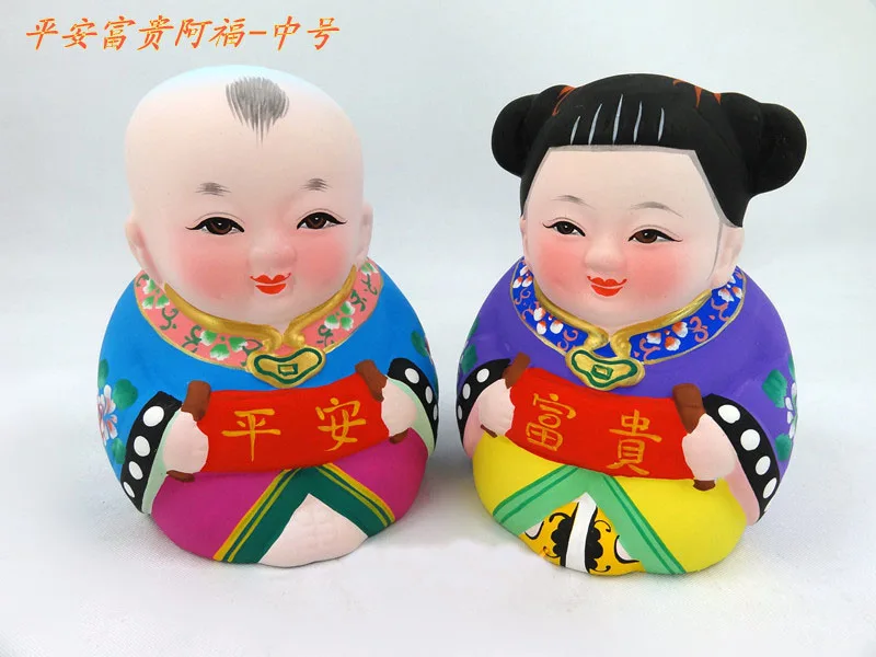 

1 Pair Clay Figurines Dolls A FU Handmade Chinese Specialty Safe Prosperity Exquisite Gift Box