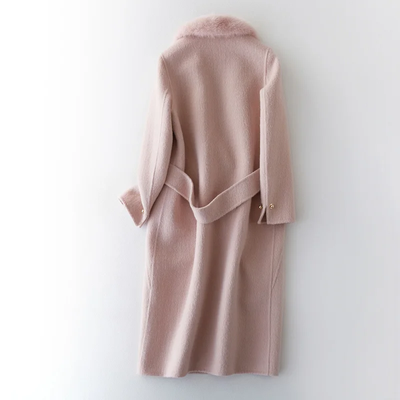 Меховое пальто из овечьей шерсти, норковый мех, шерстяная куртка, настоящее меховое пальто для женщин, женские топы, корейское зимнее пальто, розовое длинное пальто WHF130