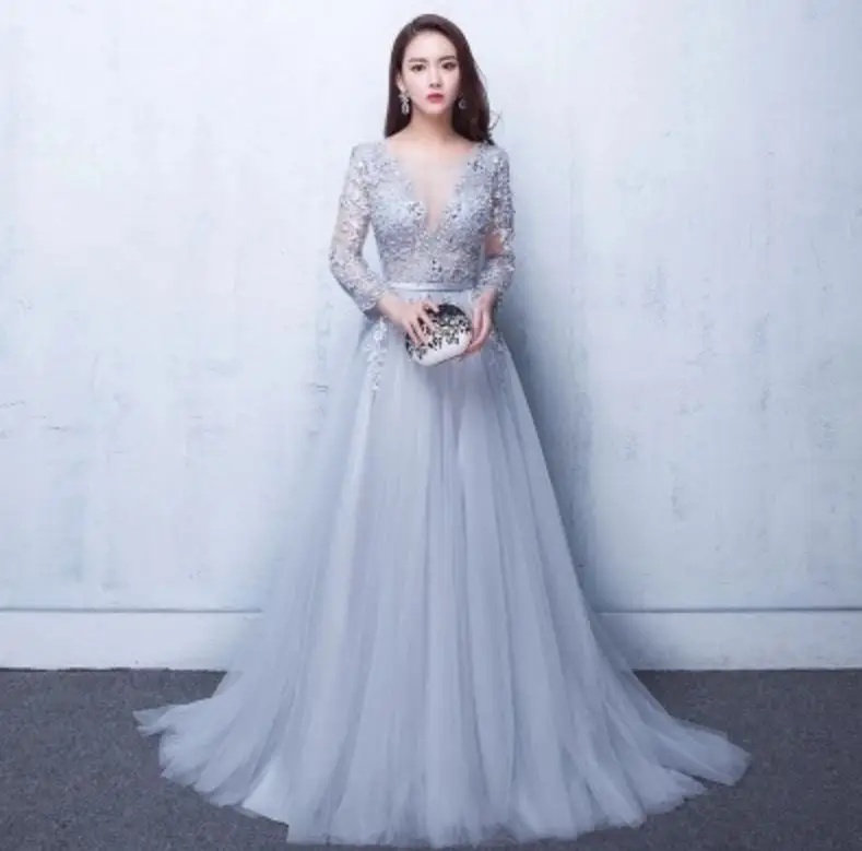 Vestidos para boda invitadas2019 новые кружевные Длинные рукава A Lina богемные серебряные Бордовые Платья для подружки невесты с шлейфом для свадебной вечеринки - Цвет: Серебристый