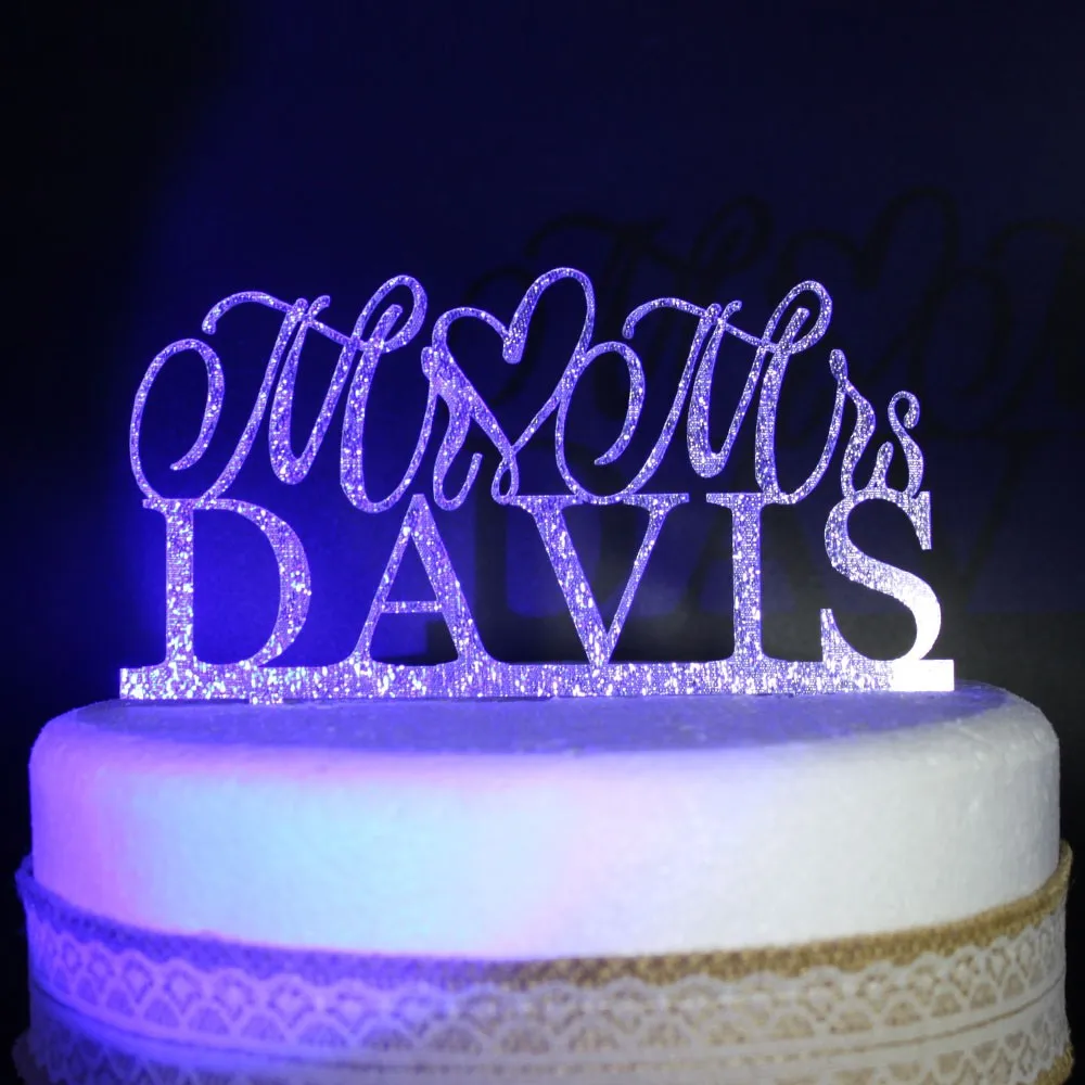 

Free Shipping Giltter Silver Customized Acrylic Wedding Mr & Mrs Cake Topper Personalized Name Wood Cake Stand Party Supplies
