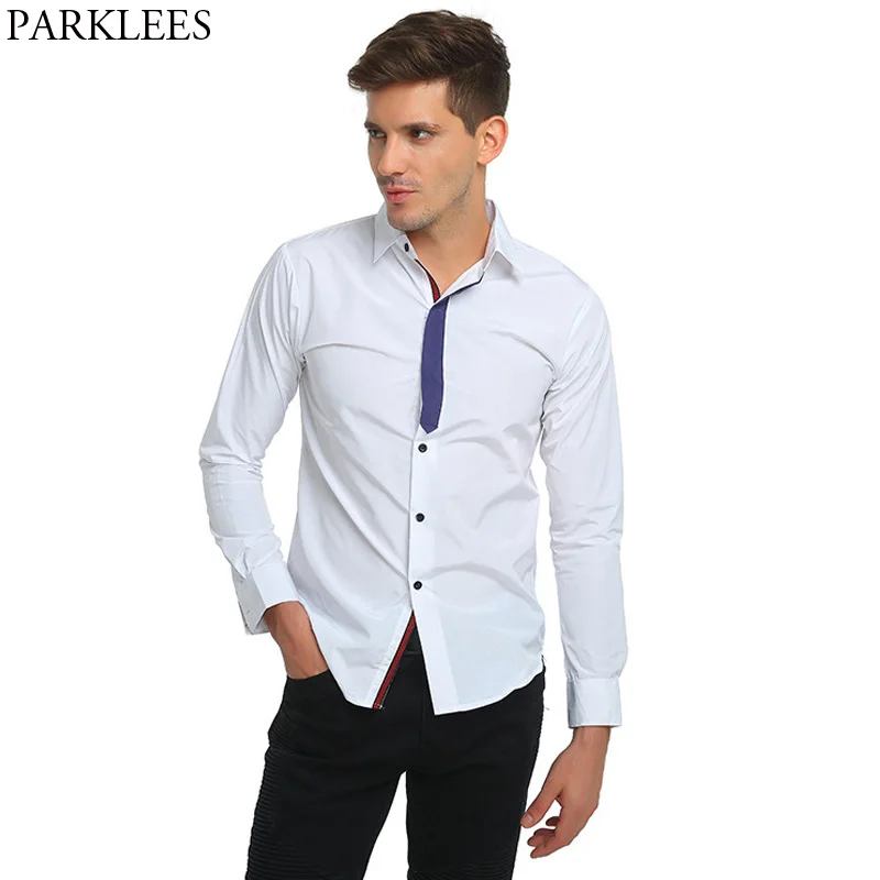 White Shirt Men 2017 Patchwork Male Shirt Casual Button Down Mens Dress