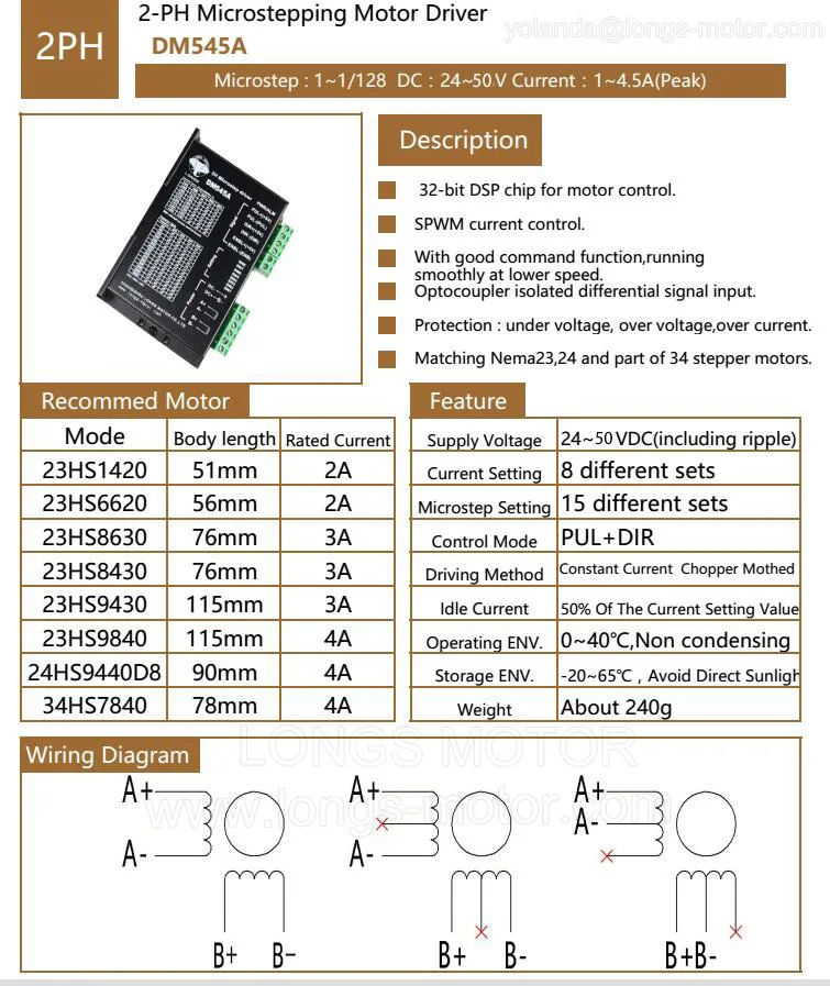 2-PH Microstepping Motor Driver DM545A 1~1/128 24~50VDC+Board for