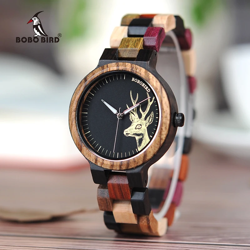 BOBO BIRD P14 Lover's Wood Watches Colorful Wood Band Dear Head Watch Dial Men Women Quartz Watches