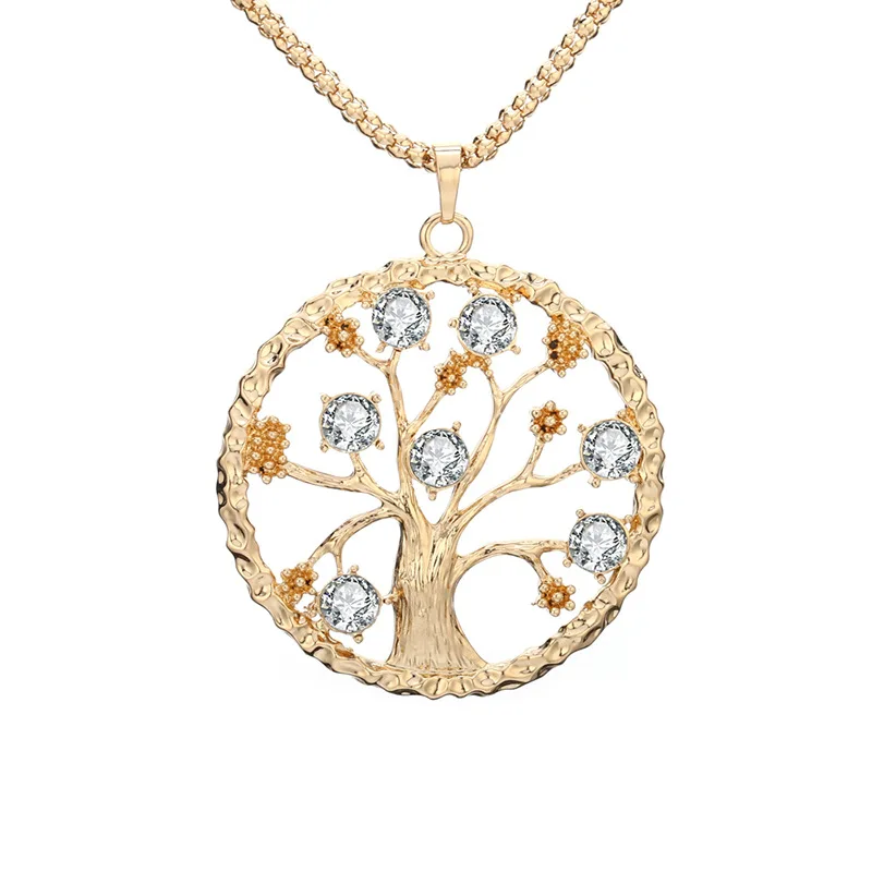

Fanqieliu Long Rhinestone Necklace For Women Vintage Sweater Chain Gold Tree Of Life Pendant Necklace Round Pendants FQL10175