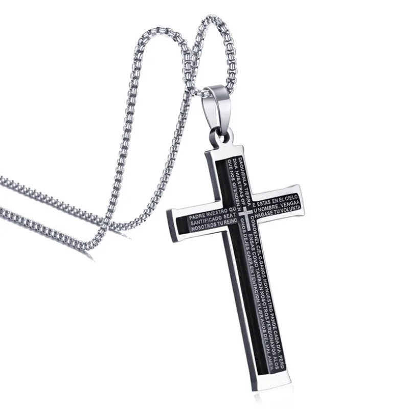 

Korean Jewelry Titanium Steel Cross Necklace Men's Cross Prayer Scripture Pendant Necklace
