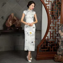 Charming Retro Silk Satin Cheongsam Chinese Traditional Cap Sleeve Evening Dress High-slit Full-Length Floral Qipao QP37