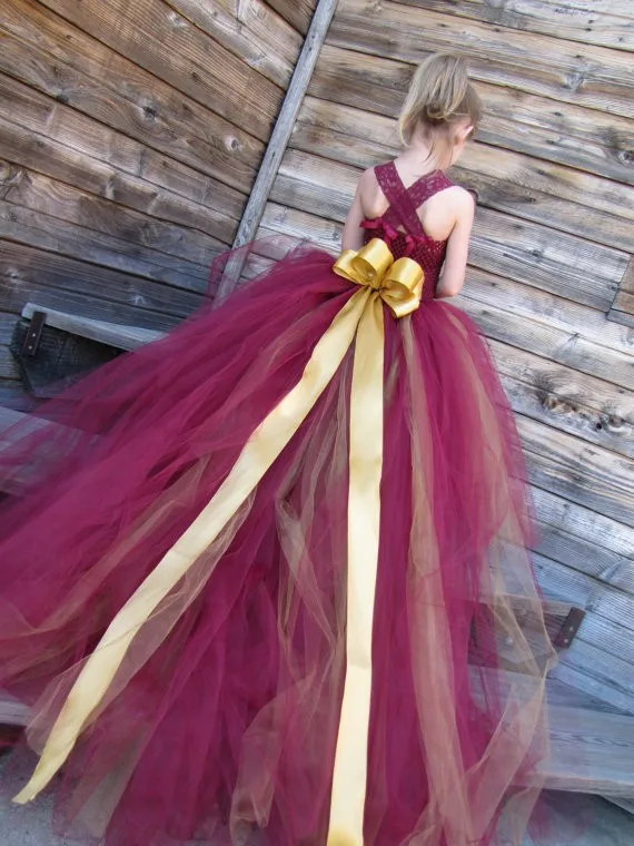 Girls Tulle Flower Girl dress, Flower Girl Dress, Tulle lace flower girl dress, dress with train, burgendy and gold dress, Wine tutu dress