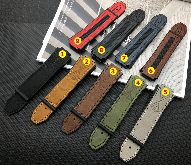 

Top brand 25*17mm real leather rubber silicone watchband watch band for Hublot strap for Big bang belt authentic red brown black