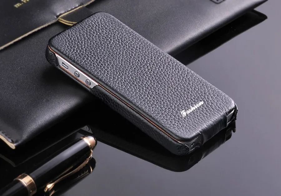 

100% Genuine Leather Vertical Flip Case for iPhone 5 5S SE Litchi Stria Real Leather High Quality with Free Screen Protector