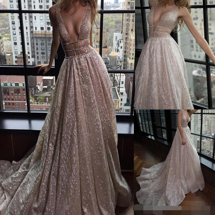 

Spaghetti Straps A-Line Deep V-Neck Court Train Open Back Champagne Sequined Prom Dresses Beading Cutout Side Evening Dress