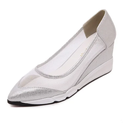 

Spring and summer women's shoes new mesh shallow mouth pointed wedge with single shoes women's high heels low to help thick plat