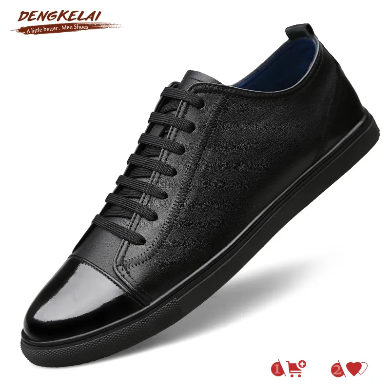 DENGKELAI Brand Designer Men Sneakers Split Leather Shining Toe Luxury Fashion Casual Shoes