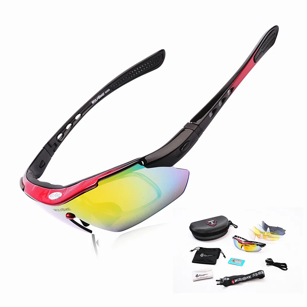 

WOLFBIKE Polarized 5 Lens Cycling Eyewear Sun Glasses Mens Sports Bicycle Glasses Bike Sunglasses Driving Skiing Goggles Red