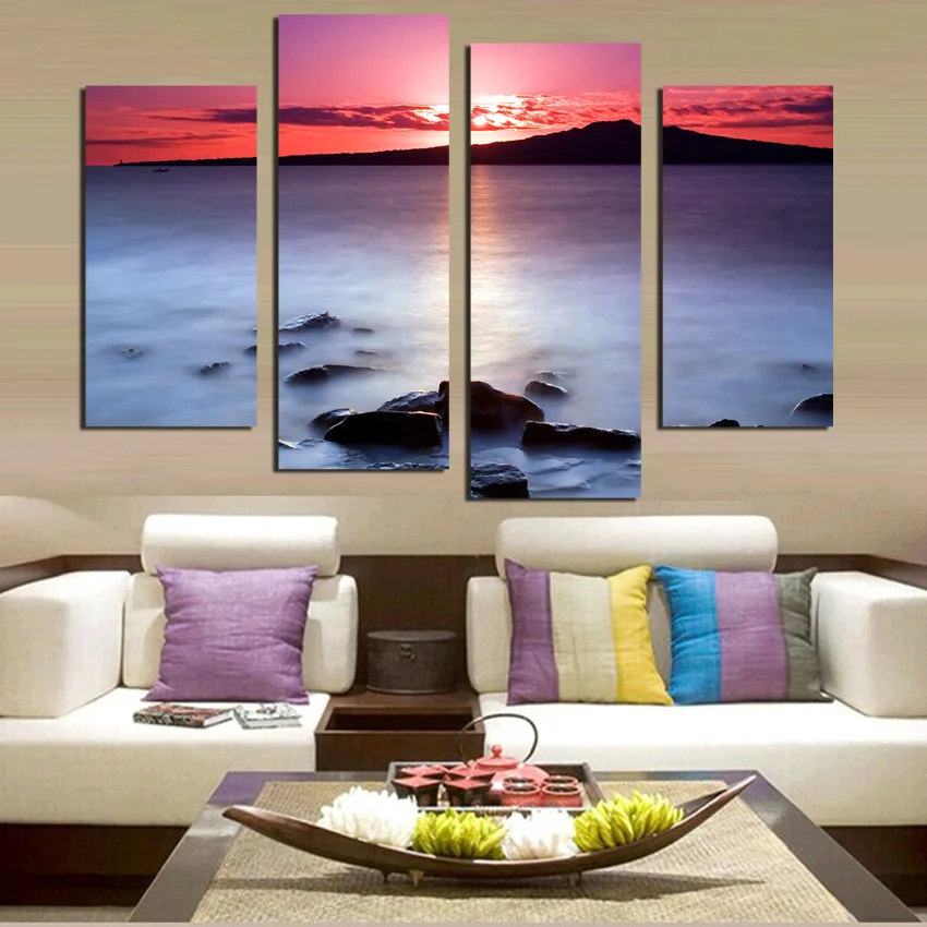 Goede Unframed Mode 4 Panelen Moderne Woninginrichting Canvas Drukken Steen En Zee Landschap Kunstwerk Voor Woonkamer Decoratie