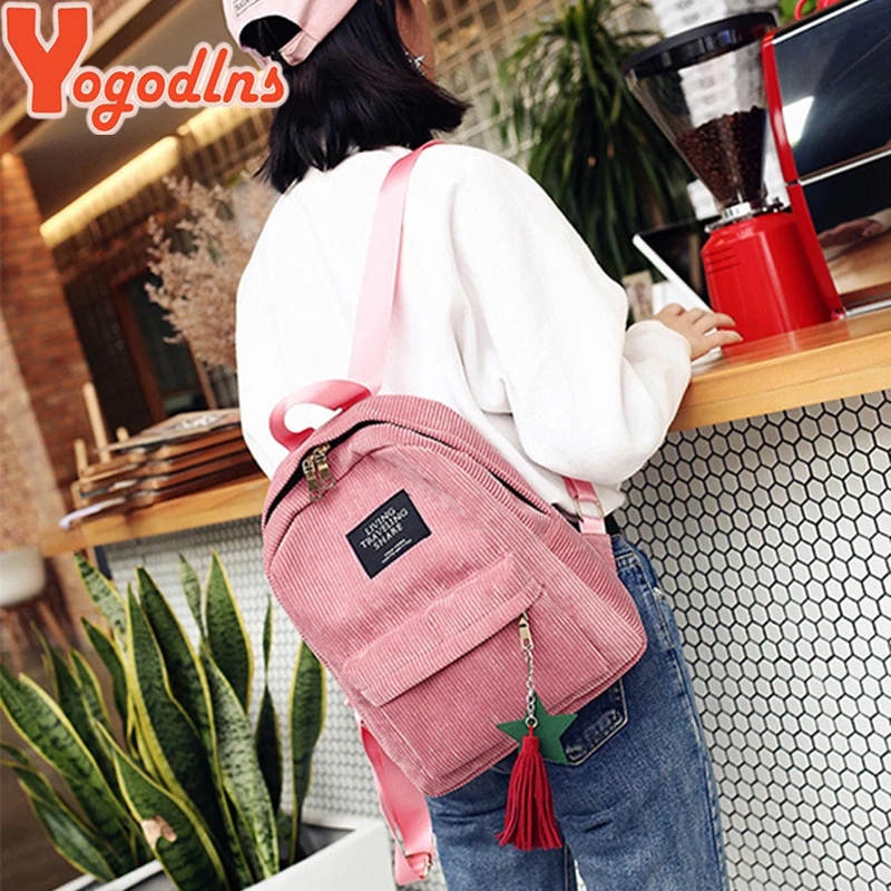 Yogodlns, женские рюкзаки, школьная сумка на плечо с кисточкой, вельветовый рюкзак, женские сумки для ноутбуков для девочек, ранец в консервативном стиле