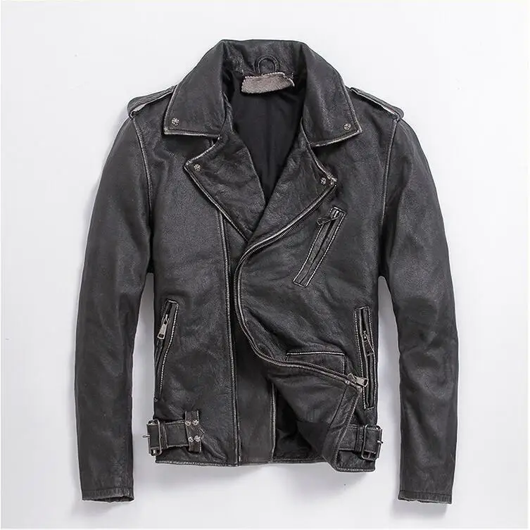 Винтажная коричневая Мужская облегающая Байкерская кожаная куртка больших размеров XXXXXL из натуральной воловьей кожи, короткая мотоциклетная куртка