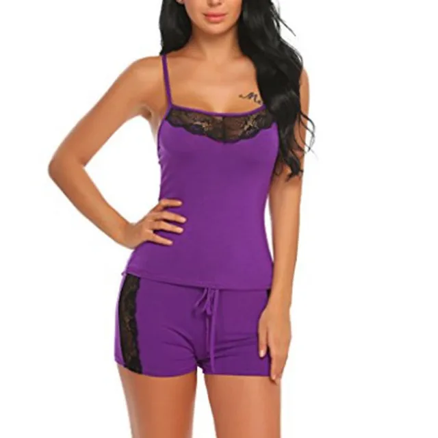 New Women Lace Sheer Strappy Modal Pajama Set Ladies Summer Sexy