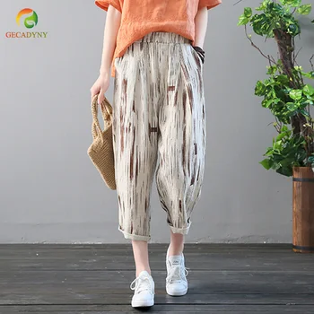 

New Women Casual Spring Summer Big Size Trousers Striped Elastic Waist Cotton Linen Pants Ankle Length Haren Pants Female