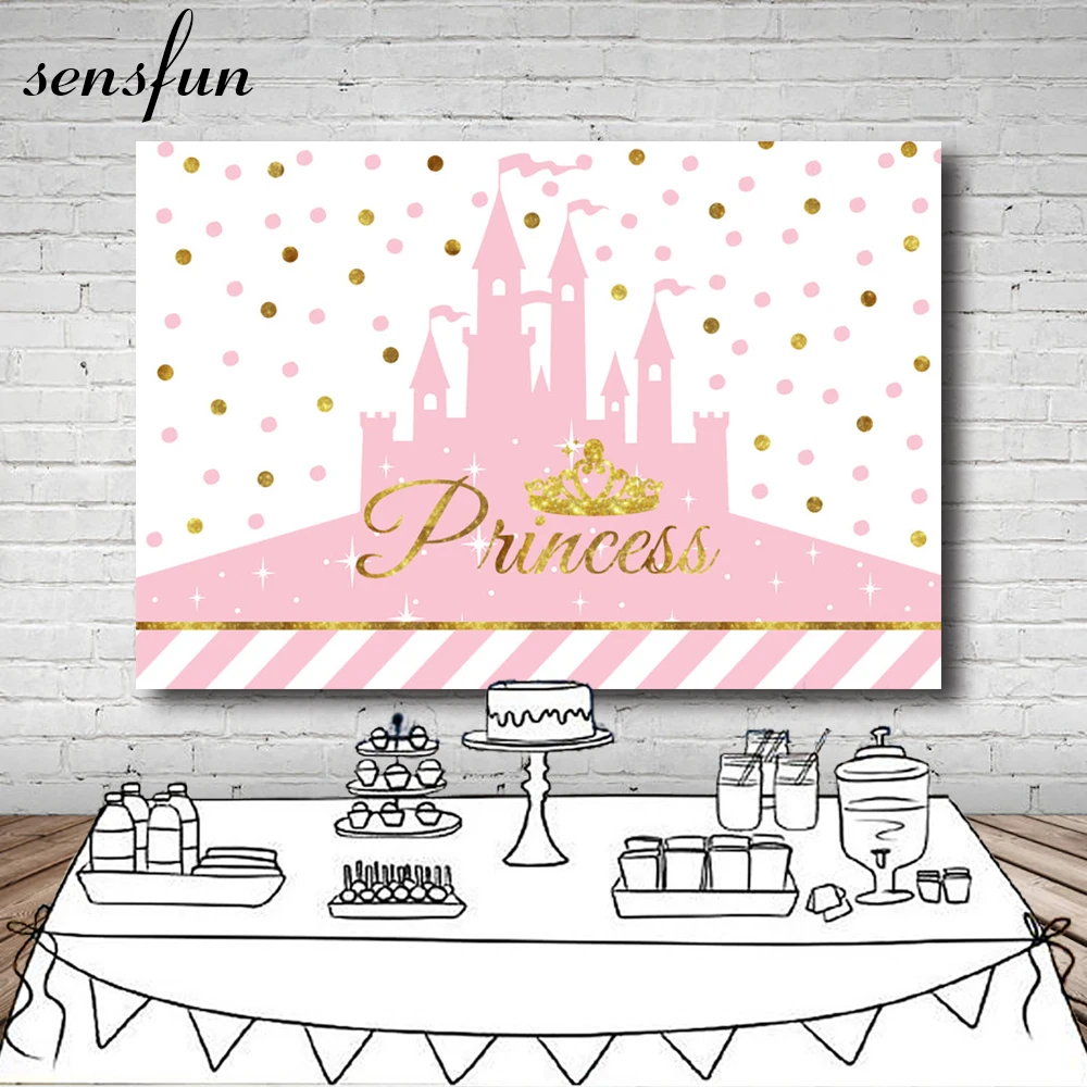 

Sensfun Gold Glitter Crown Princess Pink Castle Backdrop Dots Girls Birthday Party Baby Shower Photography Backgrounds Vinyl
