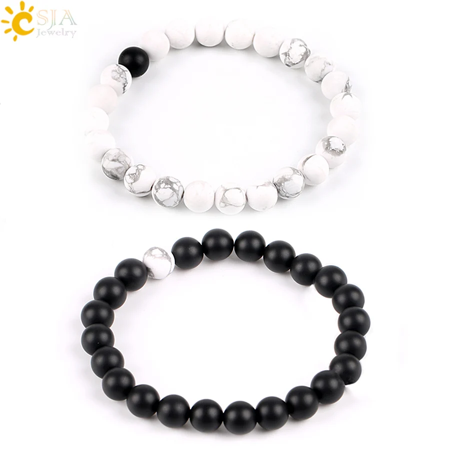 

CSJA Lovers Couples Balance Jewelry Black & White Natural Stone Beads Strand Distance Bracelets Black Agates Onyx Howlite P052